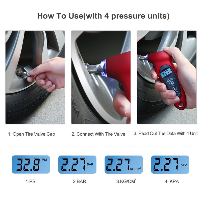 Geartronics Digital Tire Pressure Gauge 150 PSI 4 Settings with Backlight LCD Tire Gauge for Cars, Motorcycles and Bikes with Non-Slip Grip, 2 Pack - Image 3